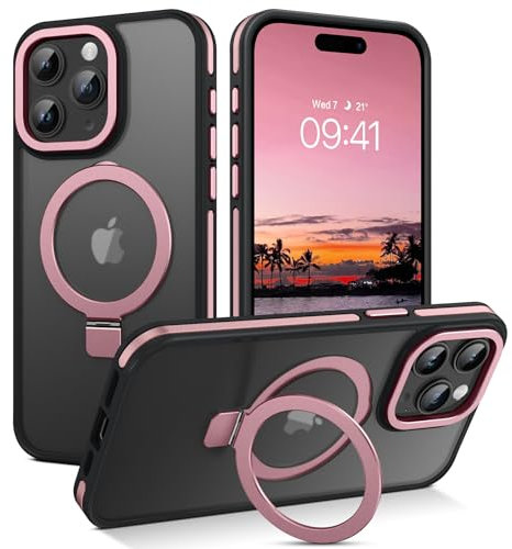 DOMAVER Cover magnetica per iPhone 15 Pro, con supporto regolabile], compatibile con MagSafe, custodia con cavalletto invisibile, qualità militare traslucida custodia per iPhone 15 Pro, rosa