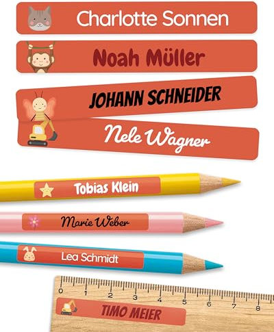 melu kids® Namensaufkleber Kinder für Schule & Kita (75 Stück) - Personalisierte Aufkleber mit Namen für Stifte und alle Schulsachen - Wasserfest in Spülmaschine (Rot)
