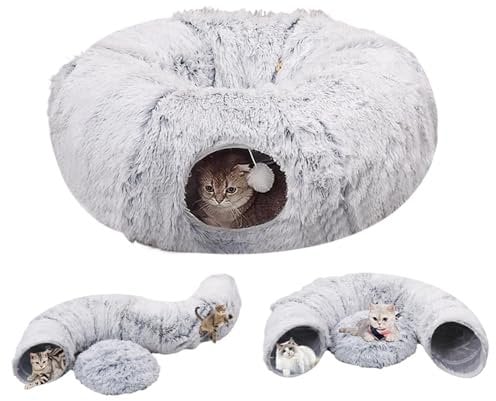 Peekaboo Katzenhöhle, 2 in 1 Weiche Donut Höhle Bett, Faltbare Katze Donut Groß Katzenbett Höhle Waschbar Runder Katzentunnel Katzenhöhle Hundebett Waschbar Rutschfest Winddicht Katzennistbett für