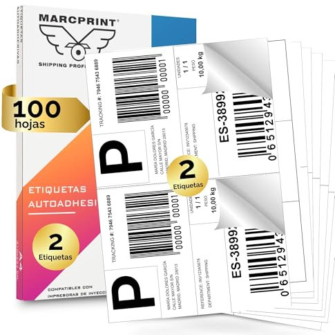 MARCPRINT 210 x 148 mm Papel Pegatina para Imprimir A4 Hojas - Papel Adhesivo para Imprimir Etiqueta por Hoja (100 hojas, 2 etiquetas/hoja)
