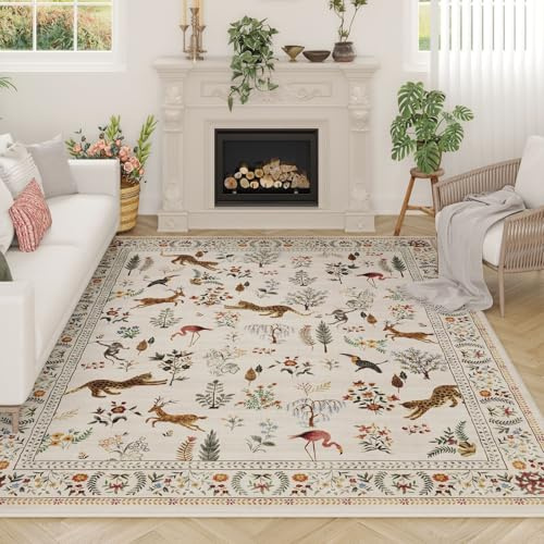 Rugcomf Wohnzimmerteppich 5x7 Teppich maschinenwaschbar Boho Bereich Teppich rutschfest Blumen Tier Vintage Niedrig Flor Groß Teppich für Wohnzimmer, Schlafzimmer, Bauernhaus, Esszimmer