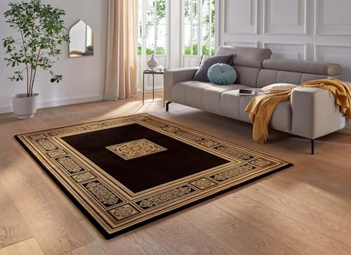 Taracarpet moderner Designer Orient Kurzflor Teppich edle Luxus Qualität im Aubusson Palast Design für Wohnzimmer, Schlafzimmer und Esszimmer schwarz-Gold 240x340 cm