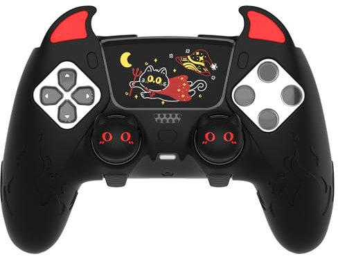 PlayVital Coque pour ps5 Edge Grip Manette avec Protection Joystick pour ps5 Edge Controller Accessoires & Autocollant Pavé Tactile,Housse Silicone Antidérapant Cover Skin-Noir,Démon Mignon