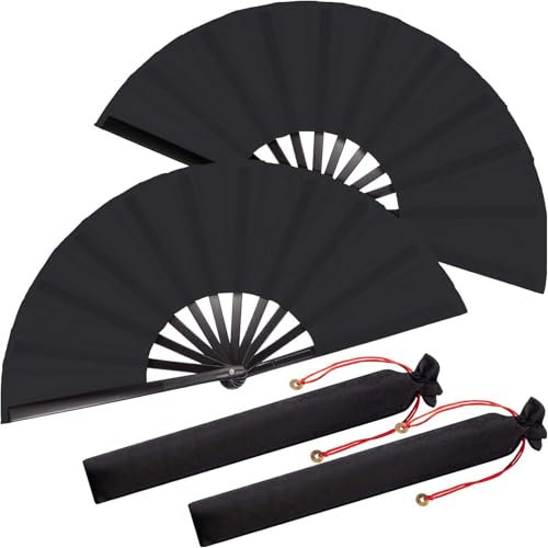 CutitiUU 2 Packs Large Folding Hand Silk Fans,Large Folding Silk Hand Fan Hand Folding Fans,Solid Colour Kung Fu Fan Ancient Style Cloth Folding Fan,Chinese Handheld Tai Ji Fan (Black)