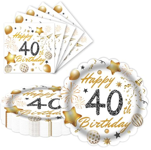 LDFDRT 9 Inch 40th Birthday Party Plates and Napkins 40PCS White and Gold Happy Birthday Plates and Napkins Disposable Cake Dessert Tableware Set for 20 Guests
