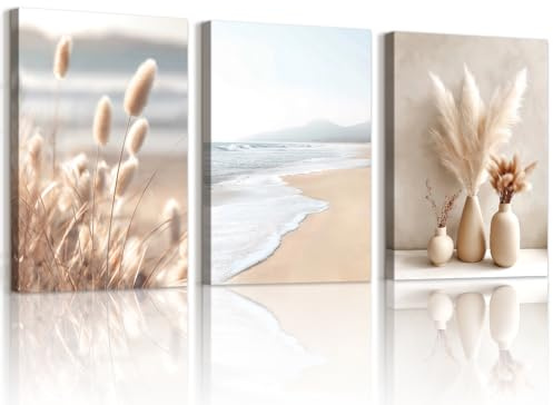 WENGTIAO 3 Stück Boho Schilf Pampasgras Leinwand Bilder Kunstdrucke Gerahmt | Minimalistisch Strand Küsten Wandbilder für Modern Wanddeko Wohnzimmer Schlafzimmer 30x40cmx3