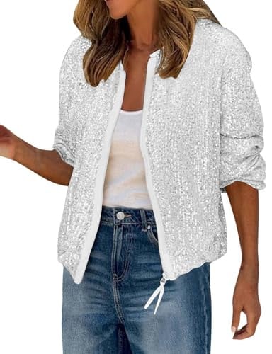 MINTLIMIT Damen Pailletten Jacke Langarm Reißverschluss Schimmer Rundhalsausschnitt Blazer Cocktail Party Mantel Glitzer Bomberjacke