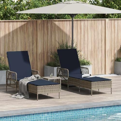 Tidyard Sonnenliege Set aus 3 Grau und Marineblau PE-Rattan, Metall, Gartenliegestuhl Strandliege Relaxliege für Strand Garten Terrasse Camping365438