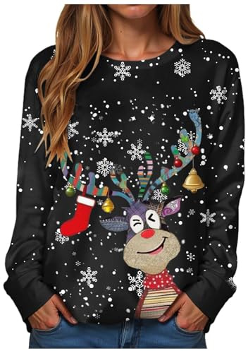 Christmas Jumpers for Women UK Sweatshirt Ladies Funny Print Crewneck Xmas Long Sleeve Santa Claus Pullover Causal Tops Christmas T shirts Women S-XXL Black