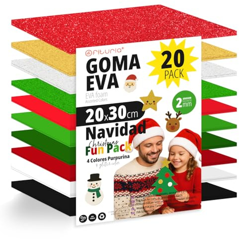 OFITURIA Set mit 20 Moosgummiplatten in Weihnachtsfarben, Größe 20 x 30 cm, 10 sortierte Farben, für Schule oder Beruf, EVA-Schaum (Weihnachtssortiment)
