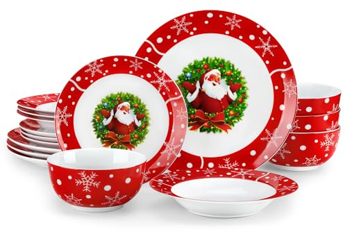 VEWEET Série Santaclus Service de table de Noël 16 pièces pour 4 personnes en porcelaine avec bols à céréales, assiettes à dessert, assiettes plates et assiettes creuses, passe au lave-vaisselle