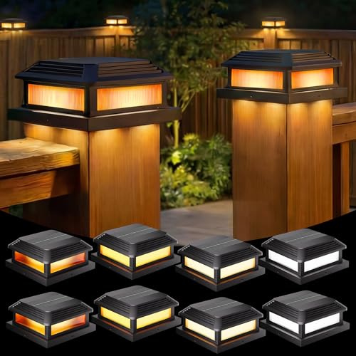 Quntis Solar Pfostenleuchten Außen 8er Set, 5 Lichtmodi mit Flammen-Effekt, Pfostenkappen für Zaunpfosten 9-13cm, Warmweiß/Kaltweiß/Neutralweiß Solarleuchten Dekoration für Garten Terrasse & WPC-Zaun