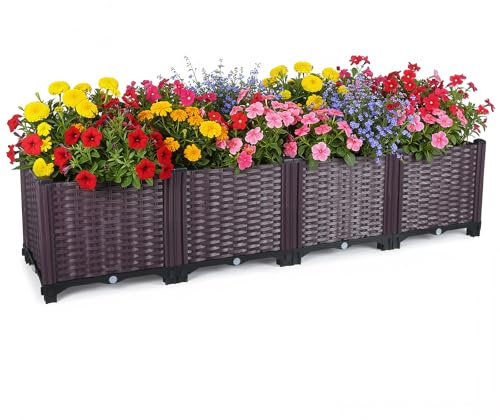 Hochbeet, 156 x 39 x 34.5 cm Pflanzkasten mit Rattan-Optik, 30 cm Tiefe für Gemüse, Kräuter & Blumen, Garten-Kit für Terrasse, Balkon & Hinterhof