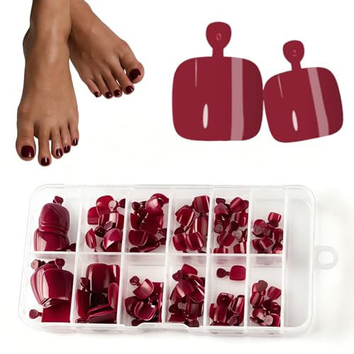 SanFangyue 120 Pièces Faux Ongles d'Orteil, Bordeaux Rouge Faux Ongles Pieds Pleine Couverture, 12 Tailles Capsule Ongle Toe Nails avec pour Femmes et Filles Nail Art
