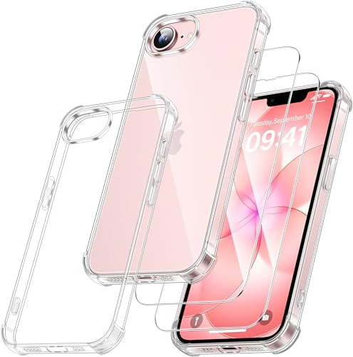 FLLAO 3 in 1 Case Compatible with iPhone 17e / iPhone 16e, Clear | 2 Pack Tempered Glass Screen Protectors, Slim Soft TPU Shockproof Bumper Case, Anti-Yellowing iPhone 17e / iPhone 16e Cover