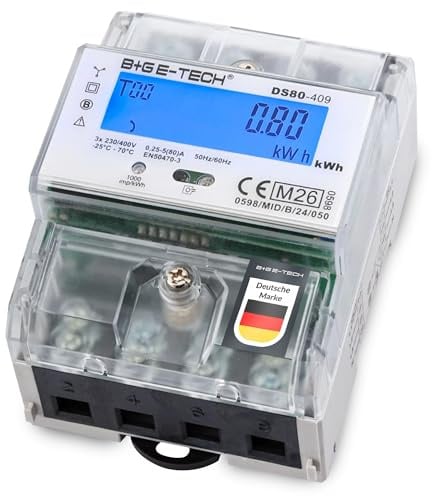 Drehstromzähler DS80-409 MID für Hutschiene – Digitaler 3-Phasen Stromzähler 80A mit LCD, IR-Schnittstelle und S0-Ausgang (M26)