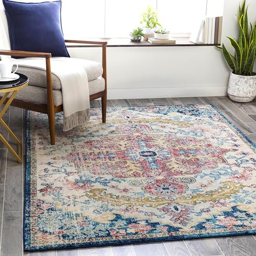 Livabliss Manama Vintage Teppich groß - Orientalischer Teppich Wohnzimmer 160x220 cm, Esszimmer, Schlafzimmer - Boho Kurzflor Teppiche für einfache Pflege - Aqua, Elfenbein, Orange