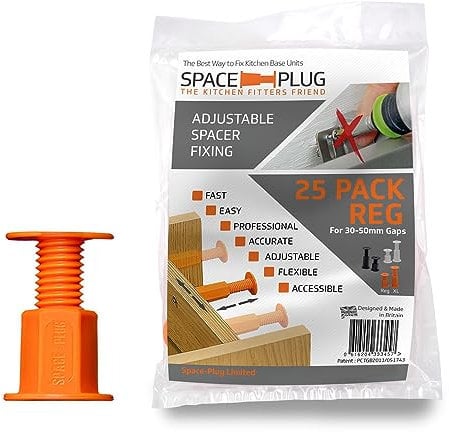 Space-Plug Adjustable Spacer Fixings (Regular Size for 30-50mm Gaps), 25 Pack of Original Orange Spacers, Professional & DIY use for Kitchen, Bedroom, Bathroom & Furniture installations