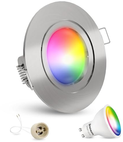 linovum Einbaustrahler GU10 mit wechselbarer RGB Smart LED Lampe - kompatibel mit Alexa & Google Home - WLAN Einbauspot rund gebürstet