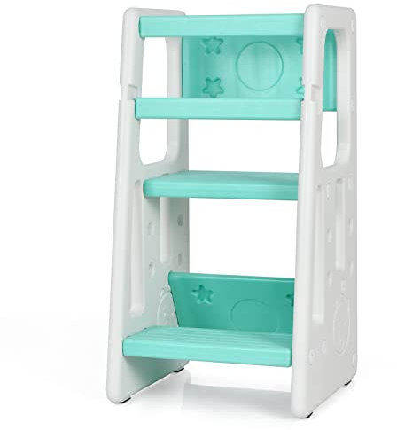 GOPLUS 2 in 1 Baby Lernturm, Küchenhelfer mit 3 Verstellbaren Höhen, Anti-Rutsch-Stufe, Rausfallschutz & Sitzfläche für 18-60 Monate, Tritthocker aus HDPE für Küche & Badezimmer (Grün)