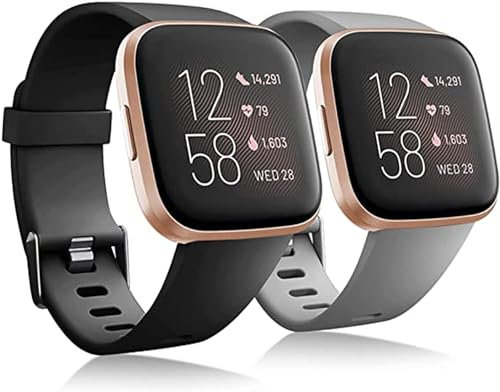 superpow 2 Pack Kompatibel für Fitbit Vera 2 Armband, Klassisch Sport Silikon Sanft Atmungsaktiv Schweißfest Verstellbares Ersatzarmband für Fitbit Vera2 Armbänder (Schwarz+Grau;Klein)