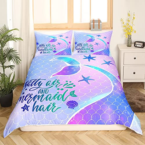 Meerjungfrau Bettwäsche 135 x 200 Mädchen Kinder Teenager Niedliche Fischschuppen Bettbezug Meeresmotiven Pastell Ombre Rosa Blau Lila Bettbezug Prinzessinnen Schlafzimmerdekor mit 1 Kissenbezug