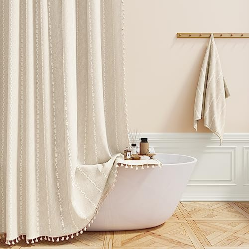 BTTN Cream Boho Farmhouse Linen Heavy Duty Shower Curtain Set, 72x72, Beige