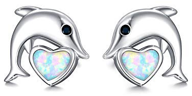 Delfin Ohrstecker 925 Sterling Silber - Delphin Ohrringe Mit Herz Und Opal - Meeresbewohner Ohrschmuck - Geschenke Für Frauen, Mädchen, Kinder, Tochter