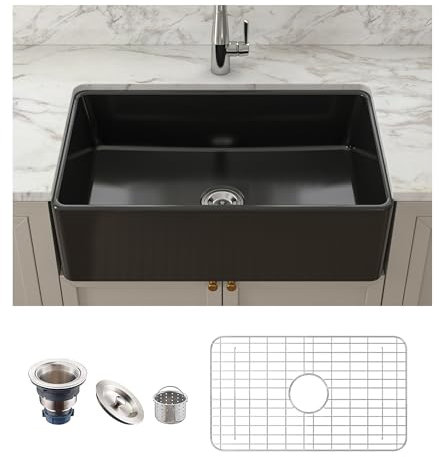 MEJE Fregadero de cocina de 84 cm, color negro, con rejilla y escurridor en la parte inferior