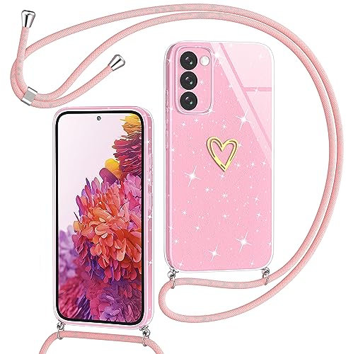Yichxu Handykette für Samsung Galaxy S20 FE Hülle mit Band, Glitzer Herz Silikon Handyhülle Kordel zum Umhängen, Schutzhülle mit Kette TPU Stoßfest Handy Necklace Hülle für Samsung S20 FE 4G/5G, Rosa