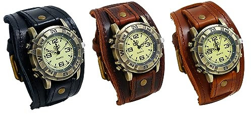 JewelryWe Herrenuhr Echtleder Uhren Herren - 3pcs Steampunk Retro Analog Quarz Armbanduhr mit Leder Armband Halloween Beiläufige Uhr für Männer Frauen, Schwarz Braun Dunkelbraun