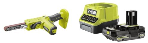 Ryobi - Lime 18V - vitesse de la bande 260-630 m/min - bande 13 x 457 mm - Livrée avec 6 bandes de ponçage (grain 60/80 / 120) - 1 batterie 2Ah et 1 chargeur rapide