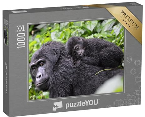 Puzzle 1000 Teile XXL „Gorillababy liegt auf dem Rücken der Mutter im Bwindi Impenetrable Forest“ – aus der Puzzle-Kollektion Gorillas, Tiere in Dschungel & Regenwald