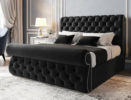 Furnishion Sworn Sleigh Double Bed Frame 4ft6, Modern Plush Velvet Upholstered Panelled Design, Luxury 4ft6 Beds Base with High Headboard, Stylish Bed Frame Double for Bedrooms in Black Plush