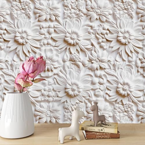 ReWallpaper Tapete Selbstklebend Blumen Klebefolie Möbel Weiss Tapete 3d Effekt Modern Möbelfolie Selbstklebend Weiß Beige Tapeten Vintage Blumen Tapete Weiß Muster Struktur 44.5cm×3m