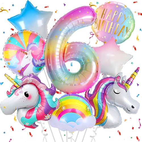 Deko 6. Geburtstag Mädchen,Einhorn Geburtstagsdeko 6 Jahr,Einhorn Luftballons 6. Geburtstag, Zahl 6 Folienballon Einhorn Party Deko,Einhorn Deko kindergeburtstag 6 jahr