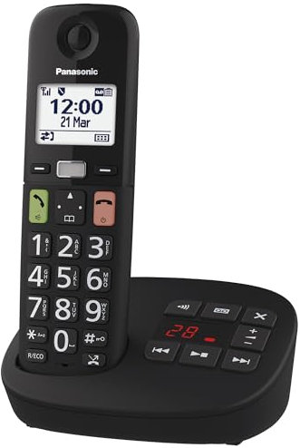 Panasonic KX-TGU130EXB digitales schnurloses Telefon mit Anrufbeantworter, Basisstation & 1 Mobilteil, LCD-Display, große Tasten, Favoriten-Taste, hörgerätekompatibel, Schwarz