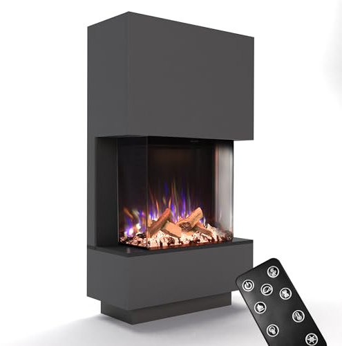 GLOW FIRE Kaminofen PR14 mit realistischem 3D E-Motion LED-Feuer - Stand-Elektrokamin mit Heizung und Kaminfeuer, Knistereffekt & Timer, max. 1500 W, 85x150x35cm, Grau