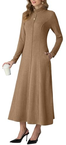 GRECERELLE Women's Long Sleeve Mock Neck Fit and Flare Maxi Dress | Side Pockets, Centre Front Seam, Ladies Turtleneck Fall Winter Elegant Stretchy Dresses for Workdays Weekends Daily Date