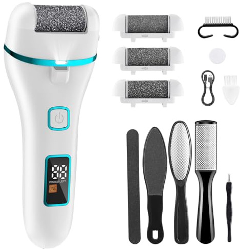 Wolady Electric Foot File, Hard Skin Remover Rechargeable Feet Scrubber Waterproof Foot Callus Remover for Dry Dead Cracked Feet,Professional Pedicure Foot Care Kit with 3 Roller Heads, White1