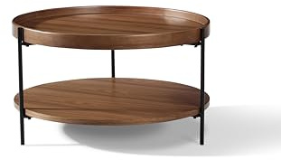 Modern 2-Tier Round Coffee Table, Nordic Style MDF with Real Wood Veneer Tray Center Table, Sturdy Metal Frame Coffee Table for Living Room (Walnut)