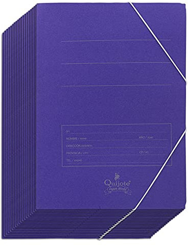 Quijote Paper World Carpetas de cartón - Pack de 20 carpetas con solapas y goma elástica, tamaño A4, color azul.