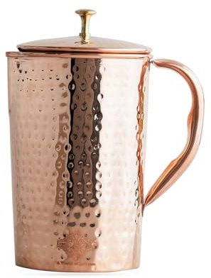 Indian Art Villa Carafe en cuivre pur martelé avec couvercle – 1,445,8 g, élégante carafe à eau pour la maison, le bureau, la table à manger, les boissons, la vaisselle et les cadeaux festifs