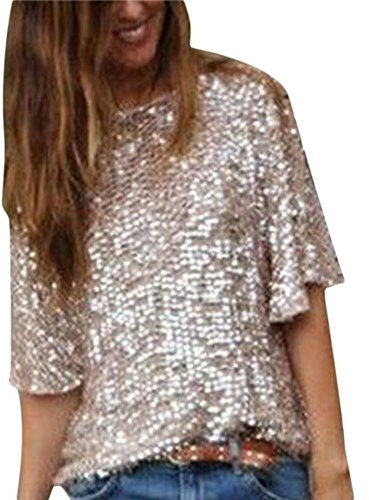 Damen-T-Shirt mit Pailletten, locker, glitzernd, kurzärmelig, Größe 34-44, mehrfarbig, Größe XXL/40