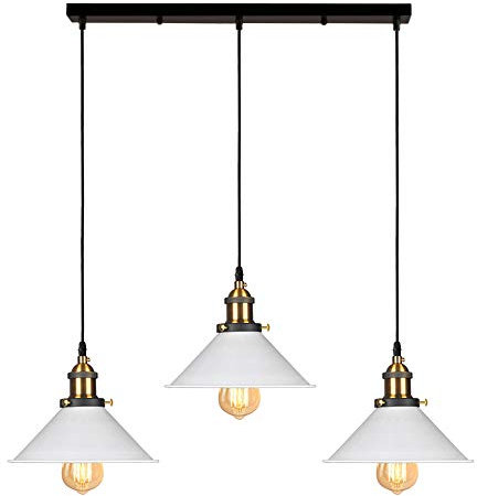 iDEGU 3-flammige Pendelleuchte Industrielle Hängelampe Stil Edison Vintage Pendellampe mit 22cm Metall Lampenschirm E27 Fassung Weiß Hängeleuchte für Esszimmer Küche Wohnzimmer (Balken)