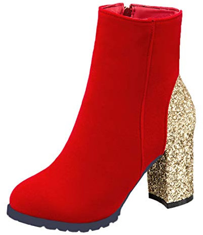 MISSUIT Damen Glitzer High Heels Stiefeletten mit Blockabsatz und Reißverschluss Chunky Heels Ankle Boots Pailletten(Rot,39)