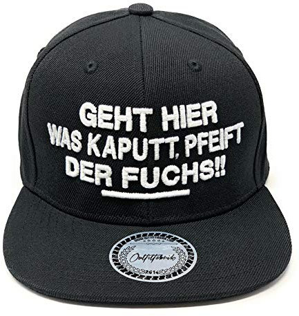 Outfitfabrik ♥ Snapback Cap Geht Hier was kaputt, pfeift der Fuchs in schwarz mit 3D-Stick in weiß (Lifestyle, Provokation, Statement, lustige Sprüche) für Männer und Frauen, One Size