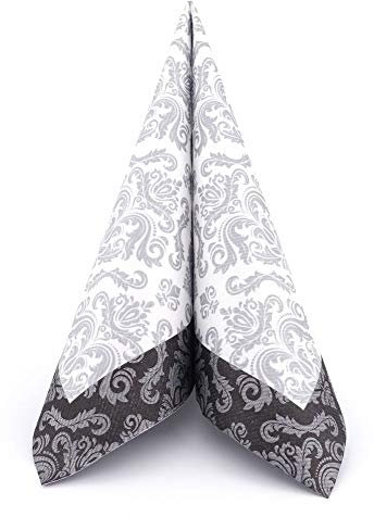 APARTina 50 Servietten Ornament Barock Silber stoffähnlich Airlaid, hochwertige stoffähnliche Servietten Einwegservietten Trauerfeier Tischdeko Silberhochzeit (Schwarz, 33 x 33 cm)