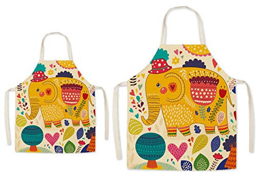 Eyand Delantal de cocina para padres e hijos - Delantal de cocina de algodón y lino con diseño súper lindo para mamá y niños, delantal de jardinería con pintura de cocina (elefante)