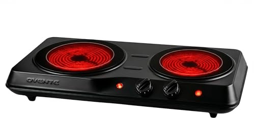 OVENTE Countertop Infrared Double Burner, 1700W Electric Hot Plate and Portable Stove with 7.75 and 6.75 Ceramic Glass Cooktop, 5 Level Temperature Setting and Easy to Clean Base, Black BGI102B